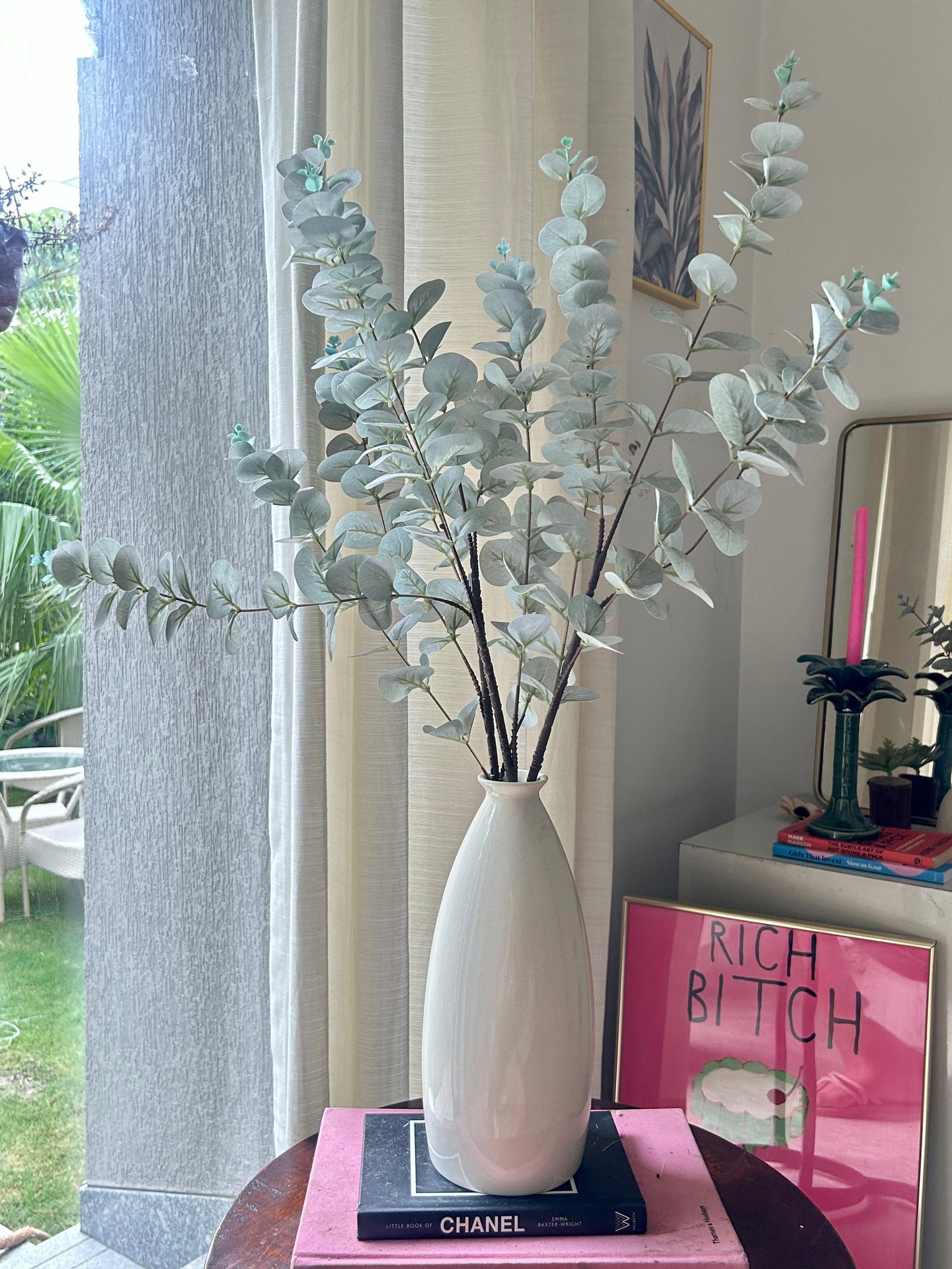 Artificial Eucalyptus stems with bottle Vase