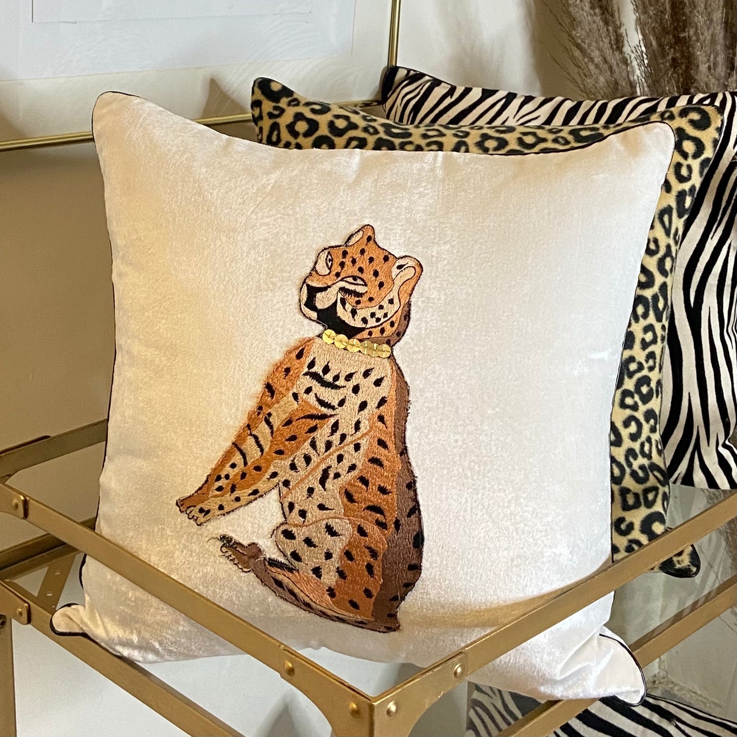 Leopard Velvet Embroidered Cushion Cover